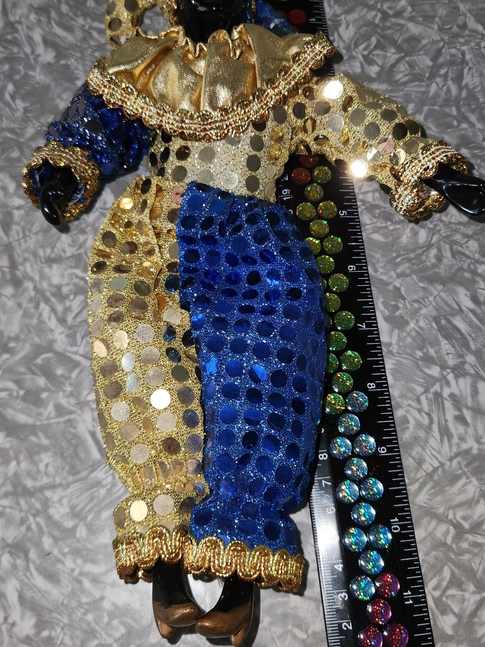 Source Unknown Blue and Gold Sequin Clown Doll Figurine